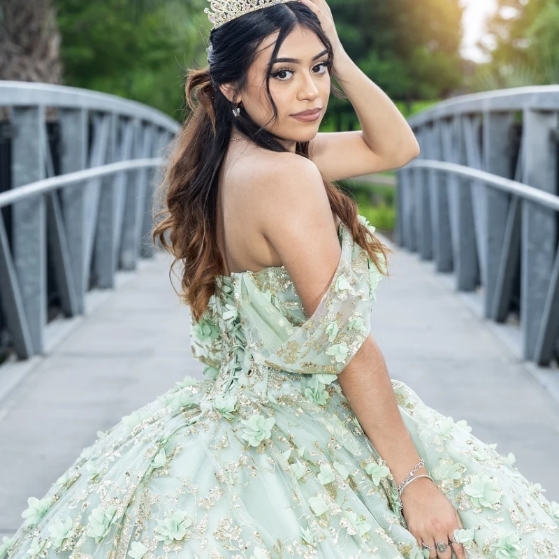Mint Green Puffy Princess Quinceanera Dresses Off Shoulder 3D Flower Sequins Applique Lace Beads Tull Lace-up Corset Vestidos 15 De Anos
