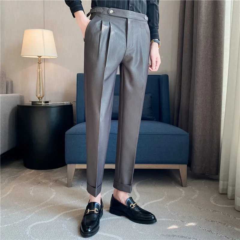 Men Pants Classic Mens Office Trousers Slim Fit High Waist Vintage Pockets for Formal Business Style Elegant Formal Pants M240924