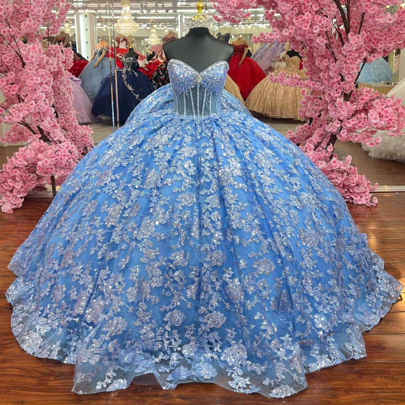 Luxury Sky Blue Ball Gown Quinceanera Dresses Sequin Applique Lace Beaded Tull Off Shoulder Sweet 16 Dress Lace-up Vestidos De 15 Anos