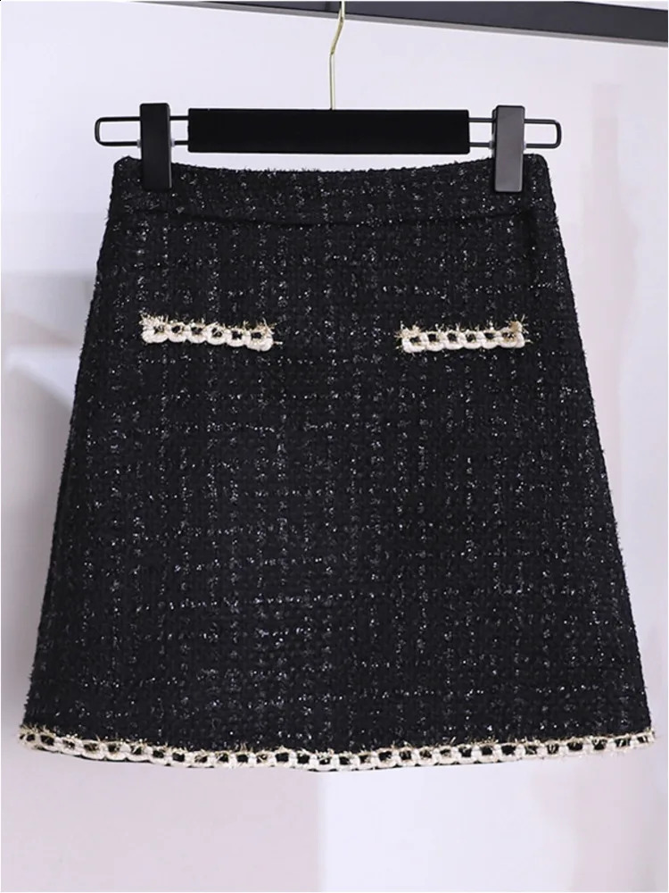 Autumn Winter Elegant Black Tweed 2 Piece Set Women Long Sleeve Woolen Jacket Short Coat Mini Skirts Suits Fashion Two Piece Set 240914