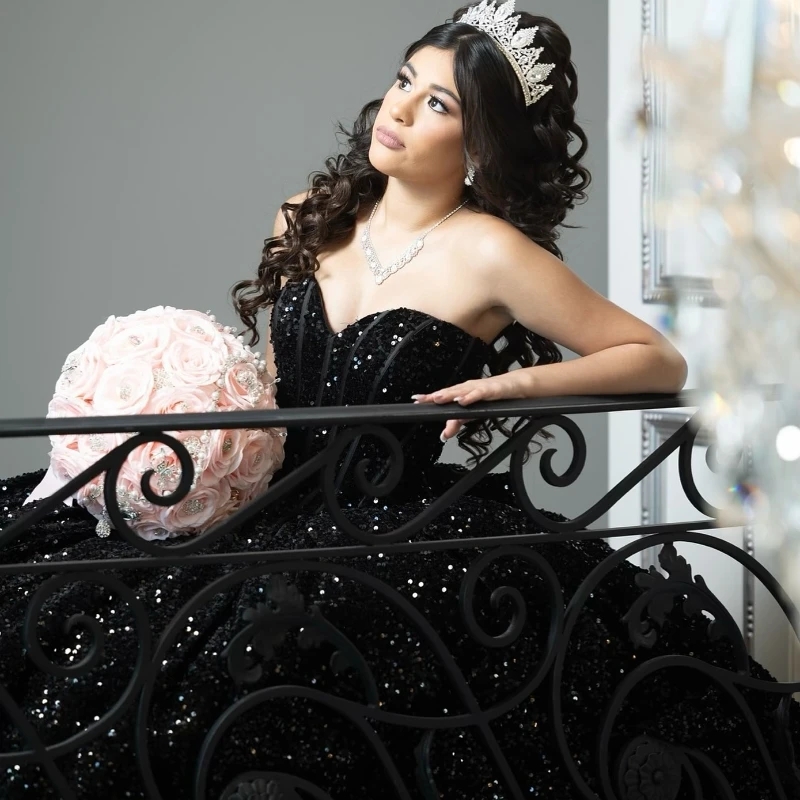 Luxury Black Shiny Quinceanera Dresses Princess Off The Shoulder Sequined Sweet 16 Dress Birthday Party Gown Vestido 15 De Anos