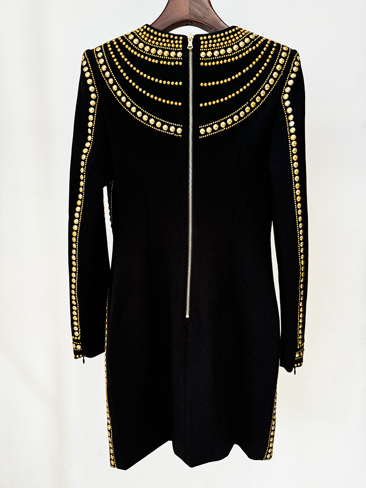 828 XXL 2024 Runway Dress Spring Summer Dress Crew Neck Beads Brand Same Style Empire Black Long Sleeve Womens Dress Fashion High Quality O