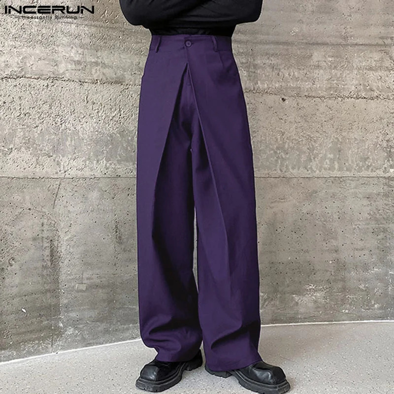 Men Pants Solid Color Button Joggers Loose Streetwear Wide Leg Men Pleated Fashion Casual Long Pants S-5XL INCERUN 240921