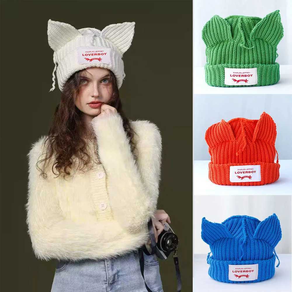 2024 Fashion Lover Boys Cat Ear Knitted Hat Solid Warm Pig Ear Wool Hat Cute Hoodie Design Hip Hop Christmas Gift W240924
