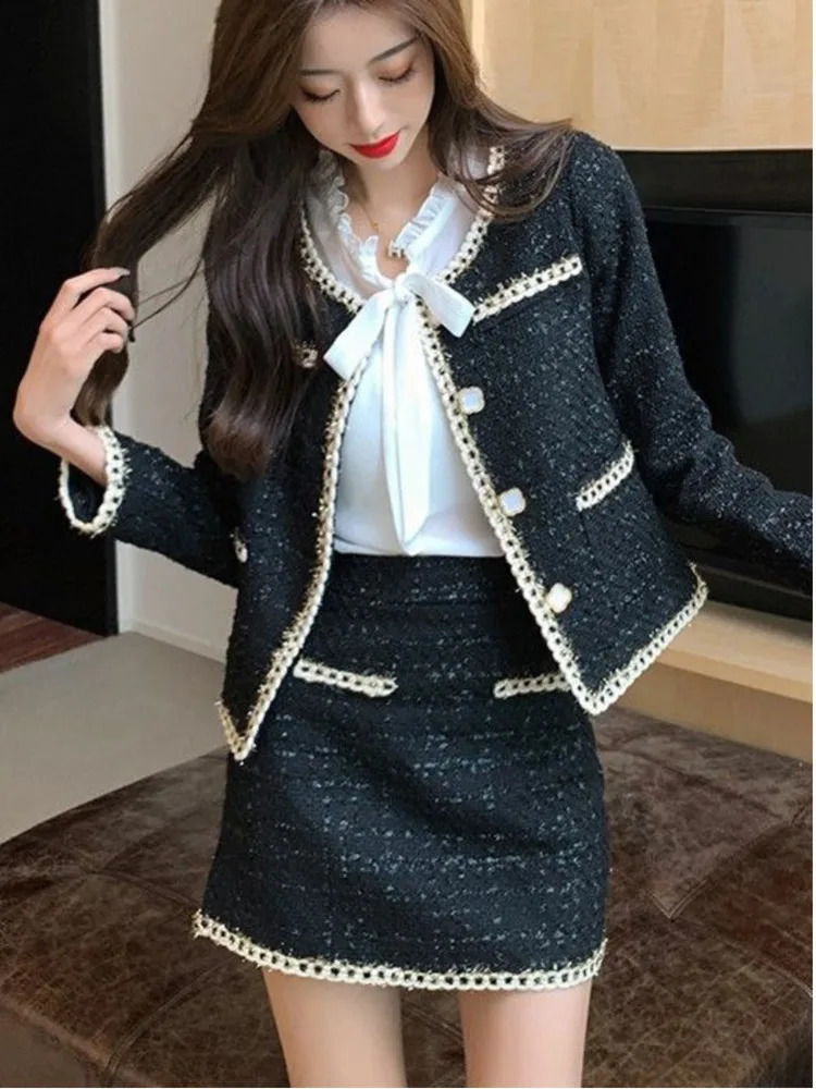 Autumn Winter Elegant Black Tweed 2 Piece Set Women Long Sleeve Woolen Jacket Short Coat Mini Skirts Suits Fashion Two Piece Set 240914