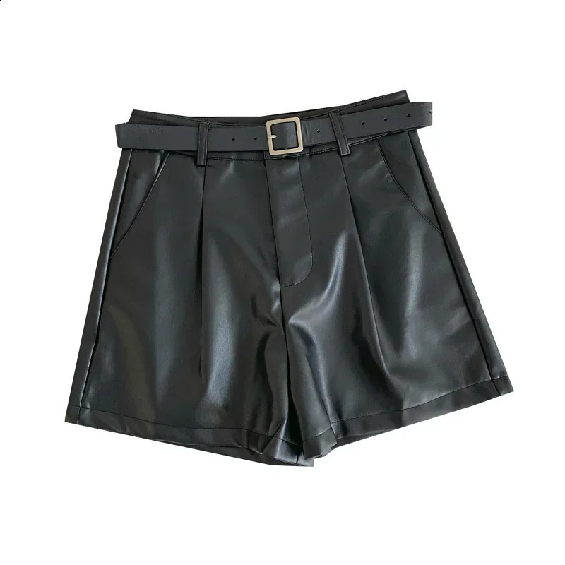 Kimotimo PU Leather Solid Womens Autumn/Winter Retro Belt High Waist Coat Wide Leg Shorts Full Match Clothing 240924 XJ260206