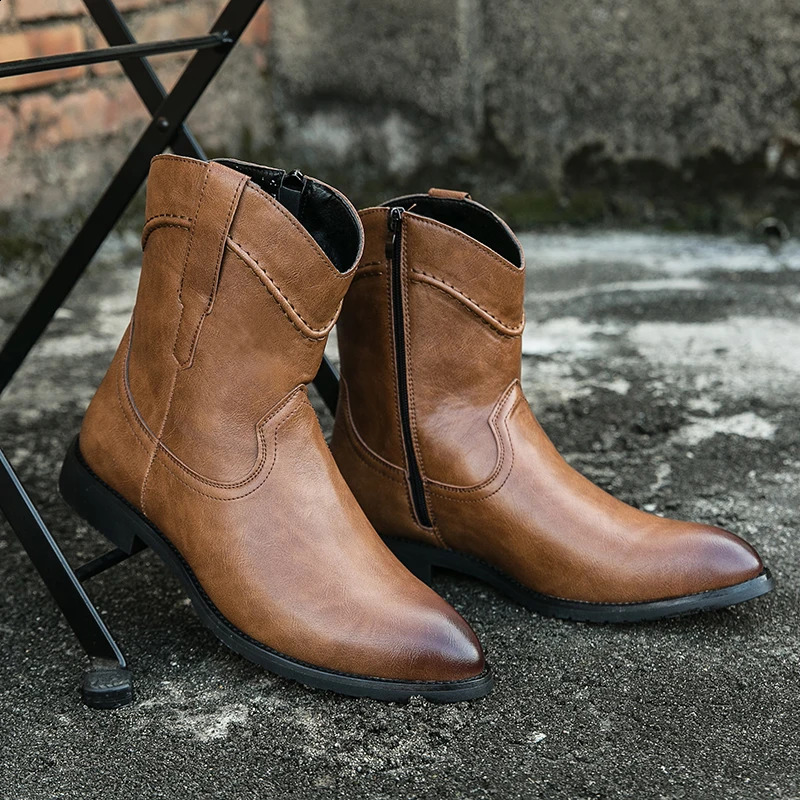 Western Style Cowboy Boot Knight Pointy Leather Men Boots Casual Classic Retro Zipper soft comfortable Size 38-48 240921