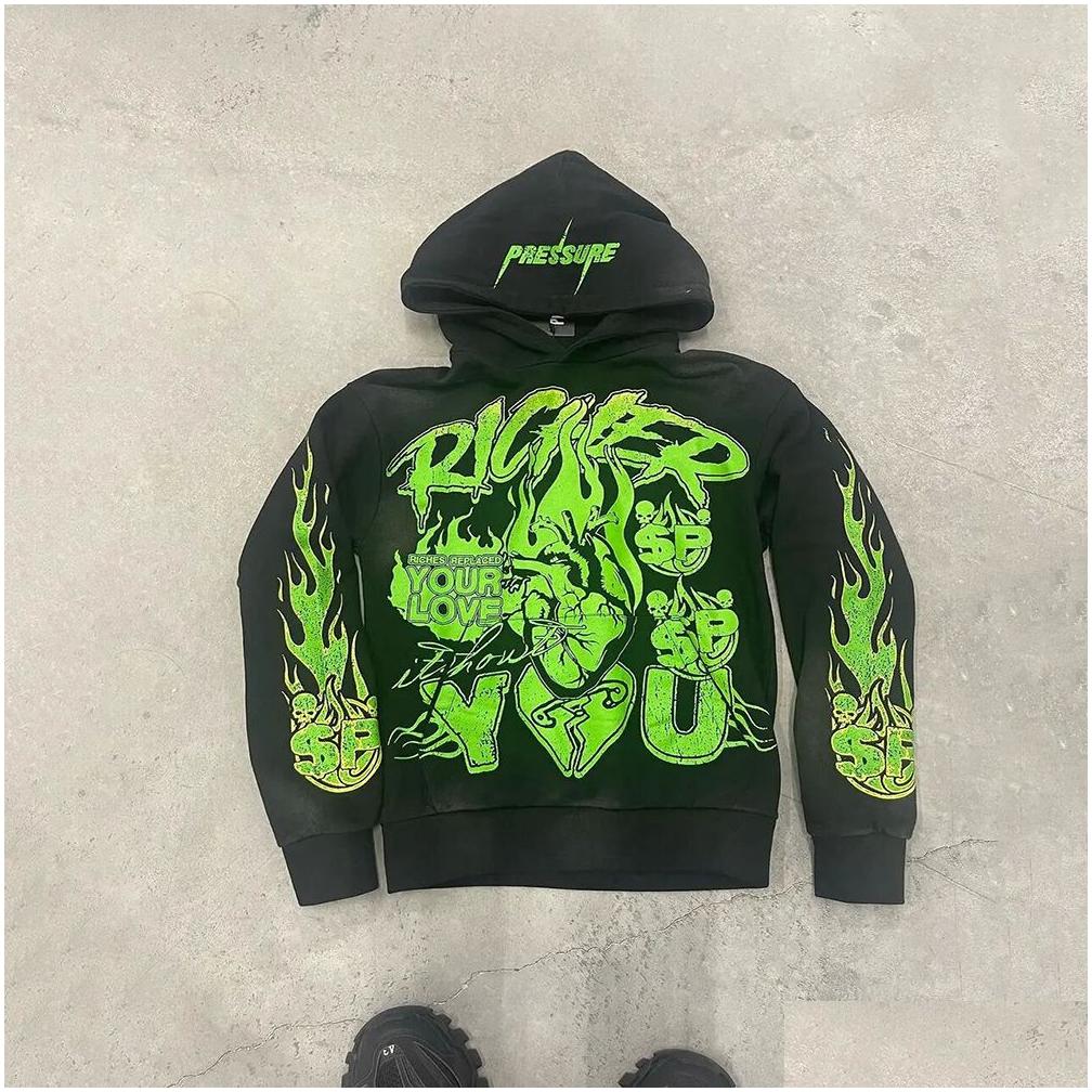 Mens Hoodies Sweatshirts Designer Vintage Graphic Print Pullover Haruku Retro Y2K Streetwear High Street Washed Black Hoodie Drop D Otmj7