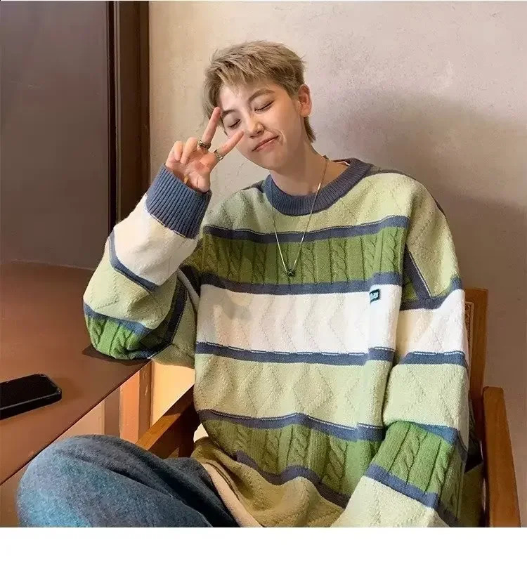 Autumn Striped Sweater Winter Mens Fashion Loose Knitted Top Collar Style 240924