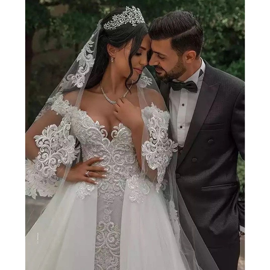 Arabic Plus Size Off Shoulder Mermaid Wedding Dress Appliques Lace Detachable Stunning Aso Ebi Bridal Gowns 2024 Custom made