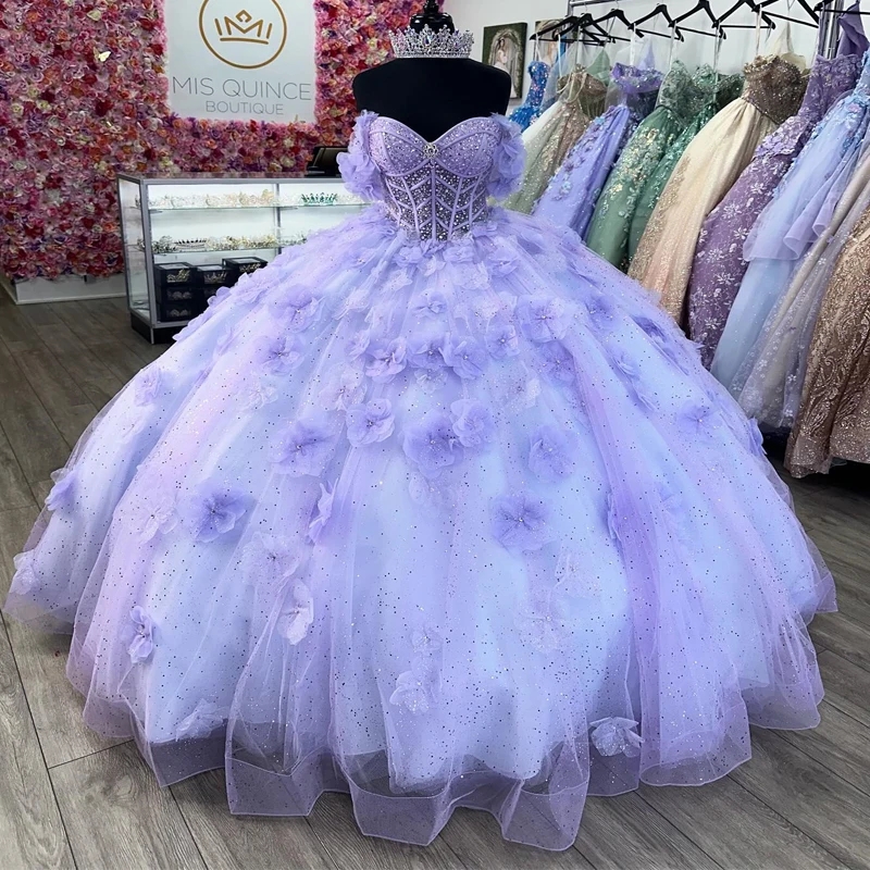 Lilac Sky Blue Princess Ball Gown Quinceanera Dresses Off Shoulder Flower Beaded Crystals Tull Sweet 16 Party Birthday Vestido 15 De Anos