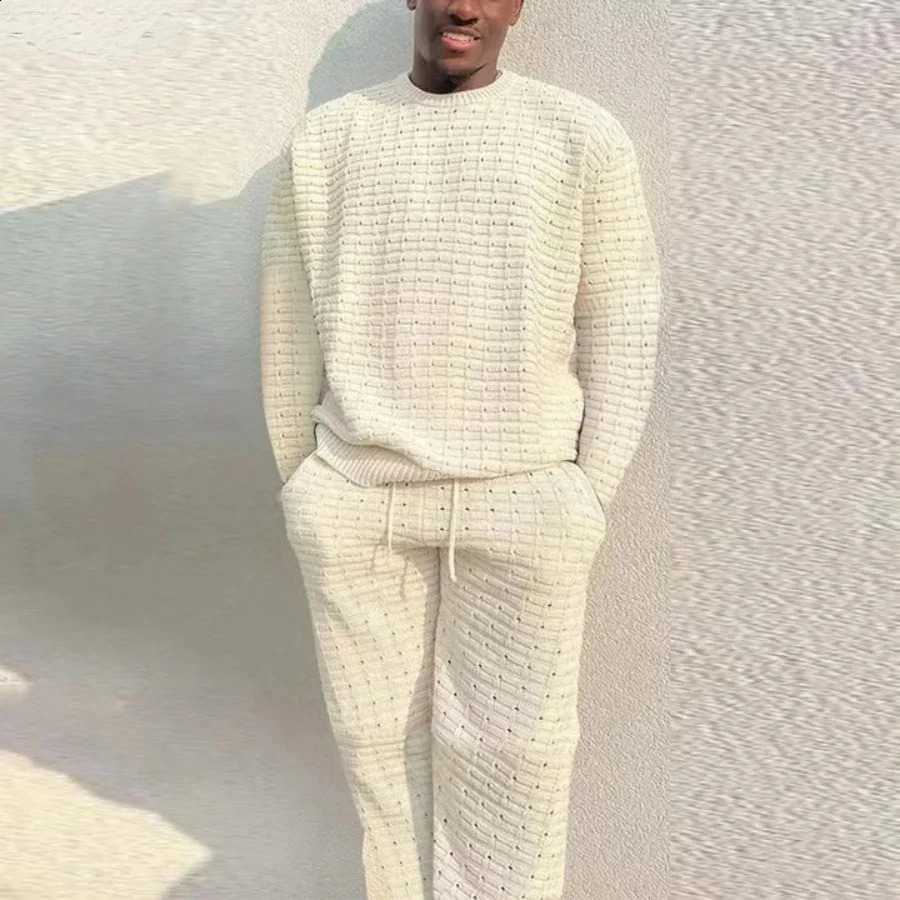 Spring Mens Knitted Two Piece Casual O-neck Long sleeved T-shirt Drawstring Pants Set Fashion Mens Clothing Set 240924