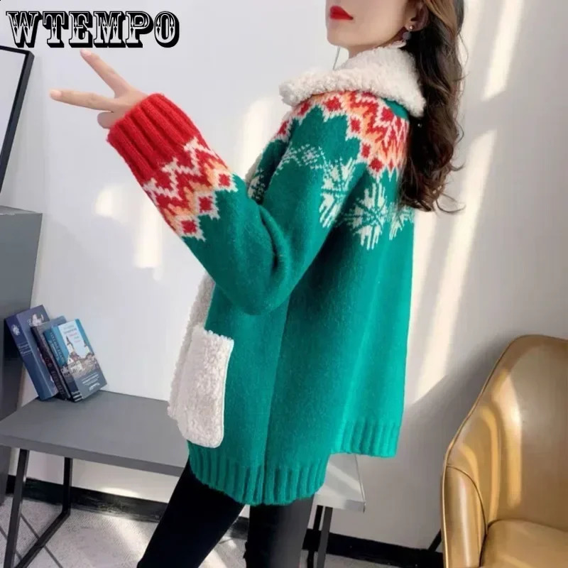 WTEMPO Womens Christmas Sweater Fur Notched Collar Warm Winter Autumn Coat Loose Button Under Knitted Womens Knitted Cardigan 240923