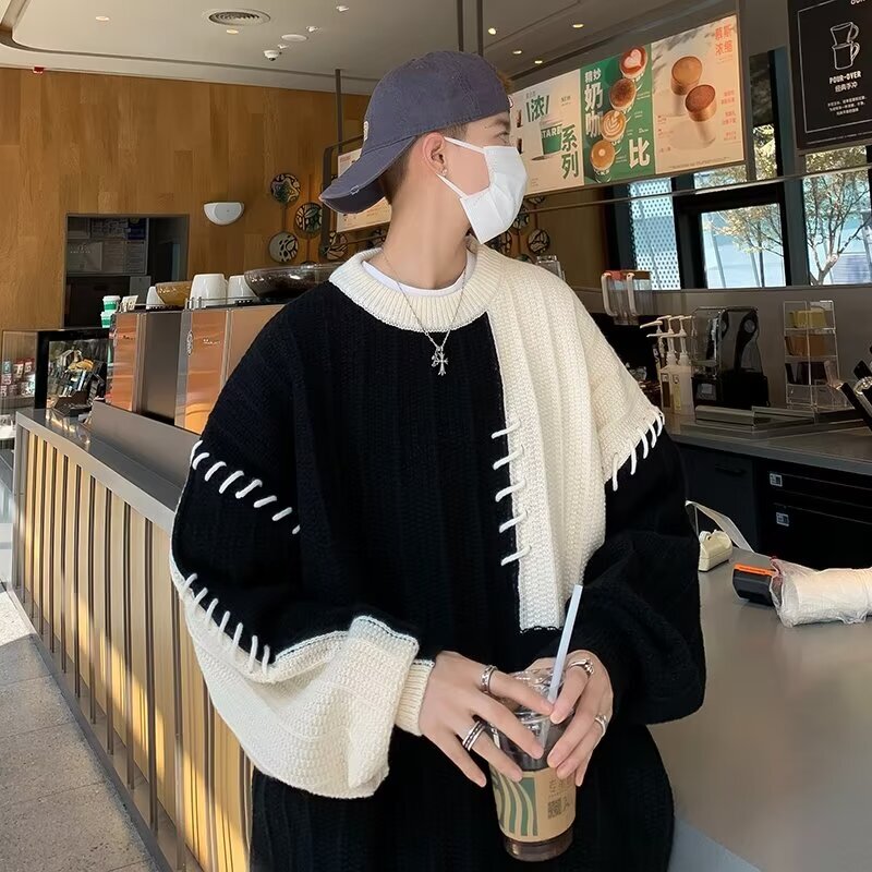 2024 New Designer Splicing Color Comparison Boys Sweater Loose, Casual Lazy Style Hooded Knitted Sweater Fashion Men Autumn/Winter