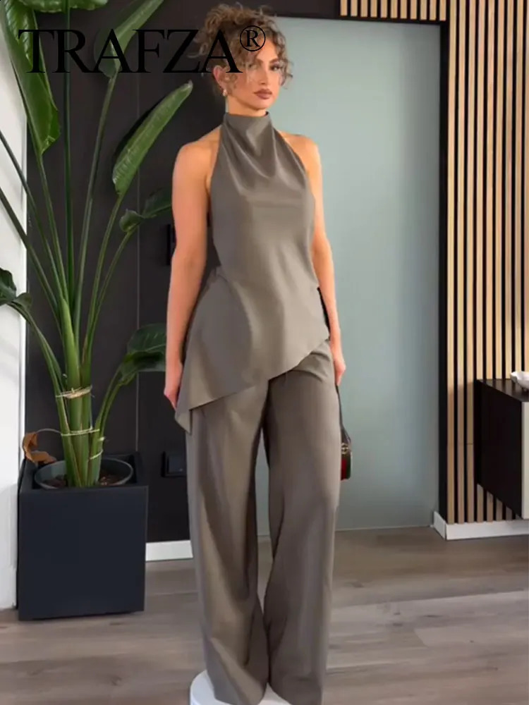 TRAFZA womens long pants set with no back and sexy camisole topelastic waist straight wide leg mens style 240924