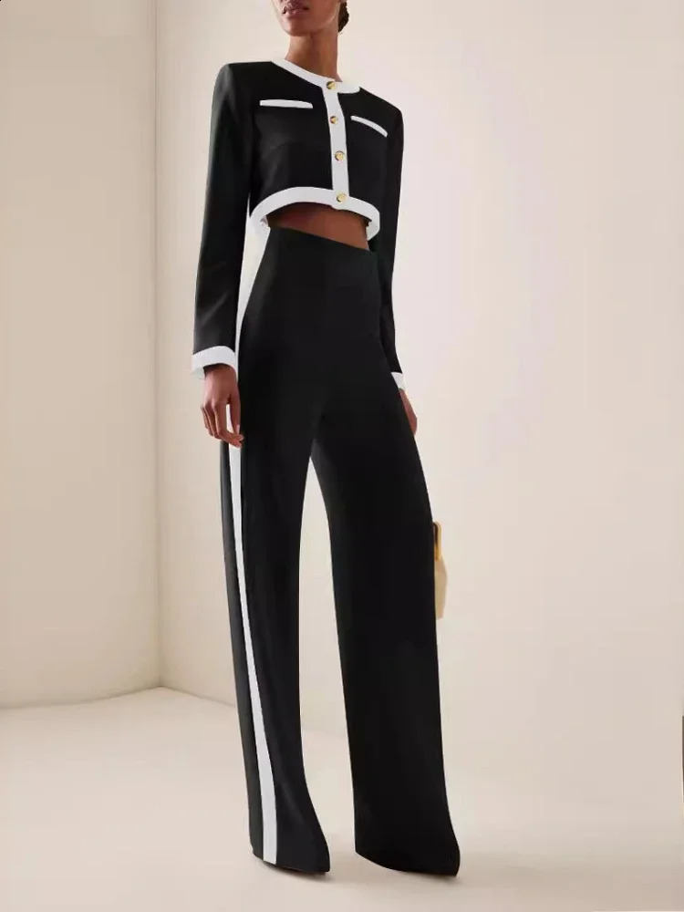 Fashion twopiece womens round neck long sleeved patchwork work single chest button top loose wide leg pants casual set autumn 240924