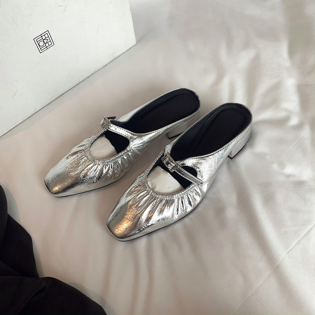 Women's Shoes Elegant Women's Ankle Strap Leather Slides with Diamond Embellishments and Wrinkle Pattern Cowhide