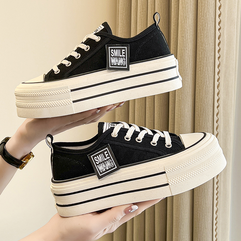 2024 New Women's Black Platform Sneakers Lace-up Comfortable Fashion Outdoor Multi-functional Sports Canvas Shoes