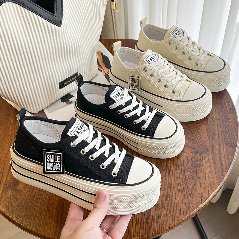 2024 New Women's Black Platform Sneakers Lace-up Comfortable Fashion Outdoor Multi-functional Sports Canvas Shoes