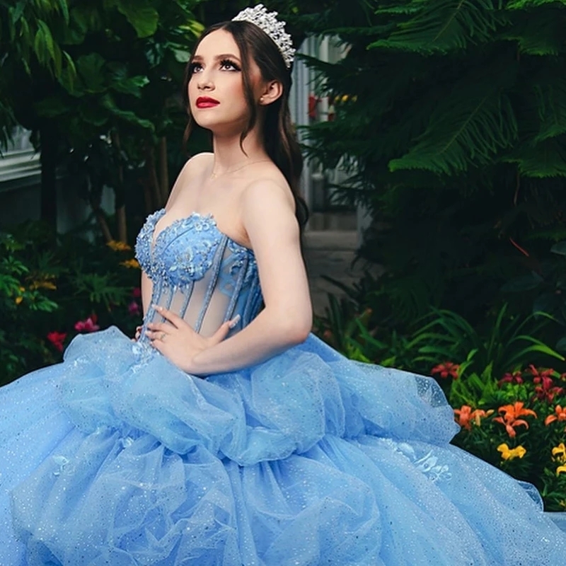 Sky Blue Quinceanera Dresses Ball Gown Off the Shoulder Appliques Beads Tulle Tiered Birthday Party Corset Princess Vestidos De 15 Anos