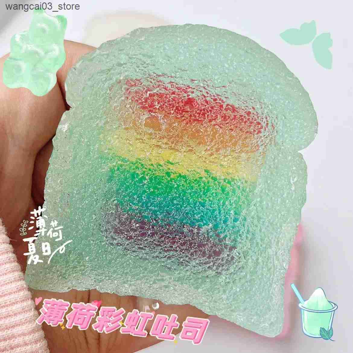 Decompression Toy Rainbow Jelly Toast Squeeze Toys Soft 3D Squishy Mochi Toy Relaxed Relief Squishies Fidget Decompression Toys Cute Gifts L240910
