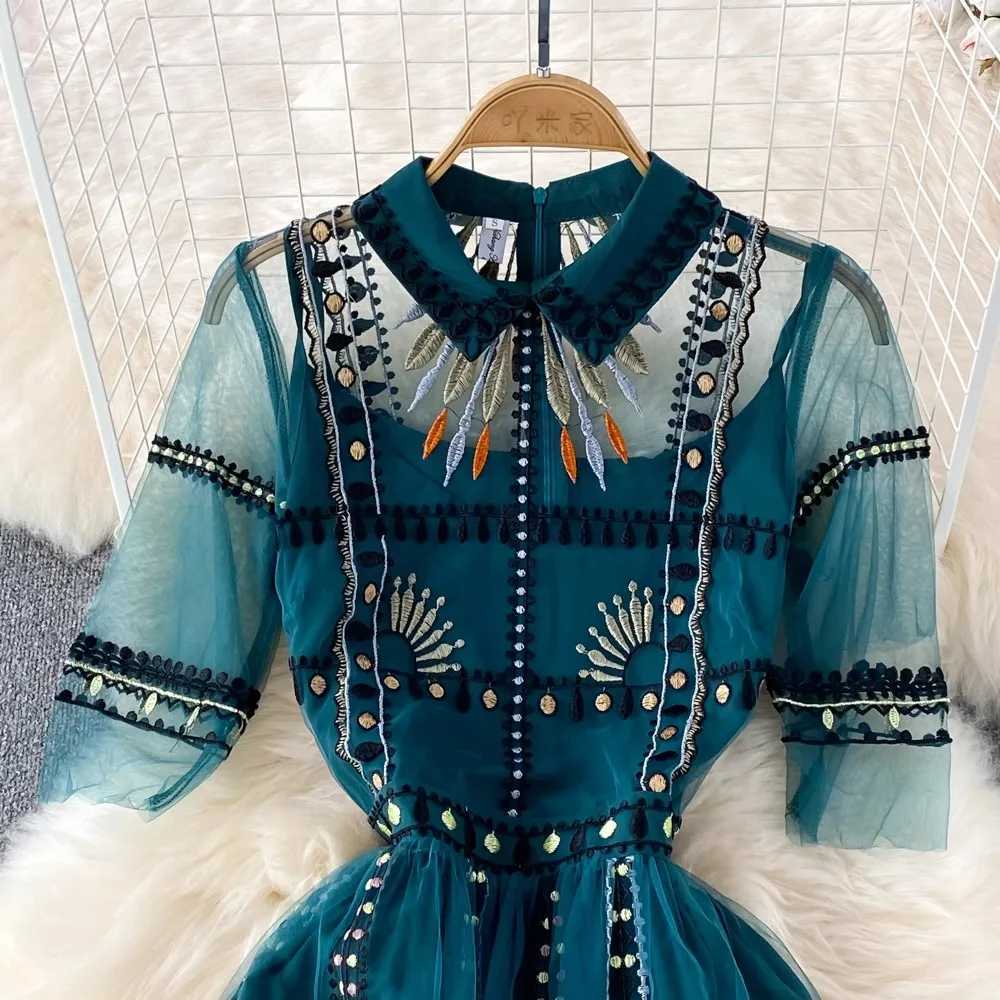 Luxury New Womens Summer Embroidery Fashion Collar Short Sleeve Party Leisure Holiday Evening Runway Designer Dress W240924
