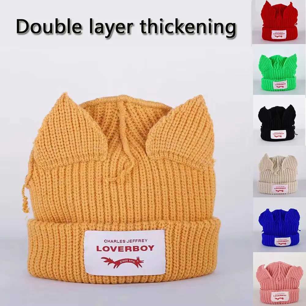 Double layered Loverboy cat ear knitted hat hooded niche design pig ear wool hat soft hip-hop personality ear muffs W240924