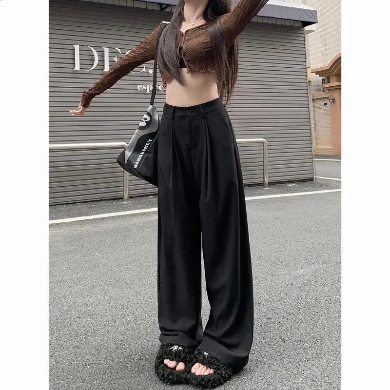 QWEEK Elegant Baggy Gray Suits Pants Woman Oversized Office Ladies Casual Korean Fashion Classical Trousers High Waist Summer 240923
