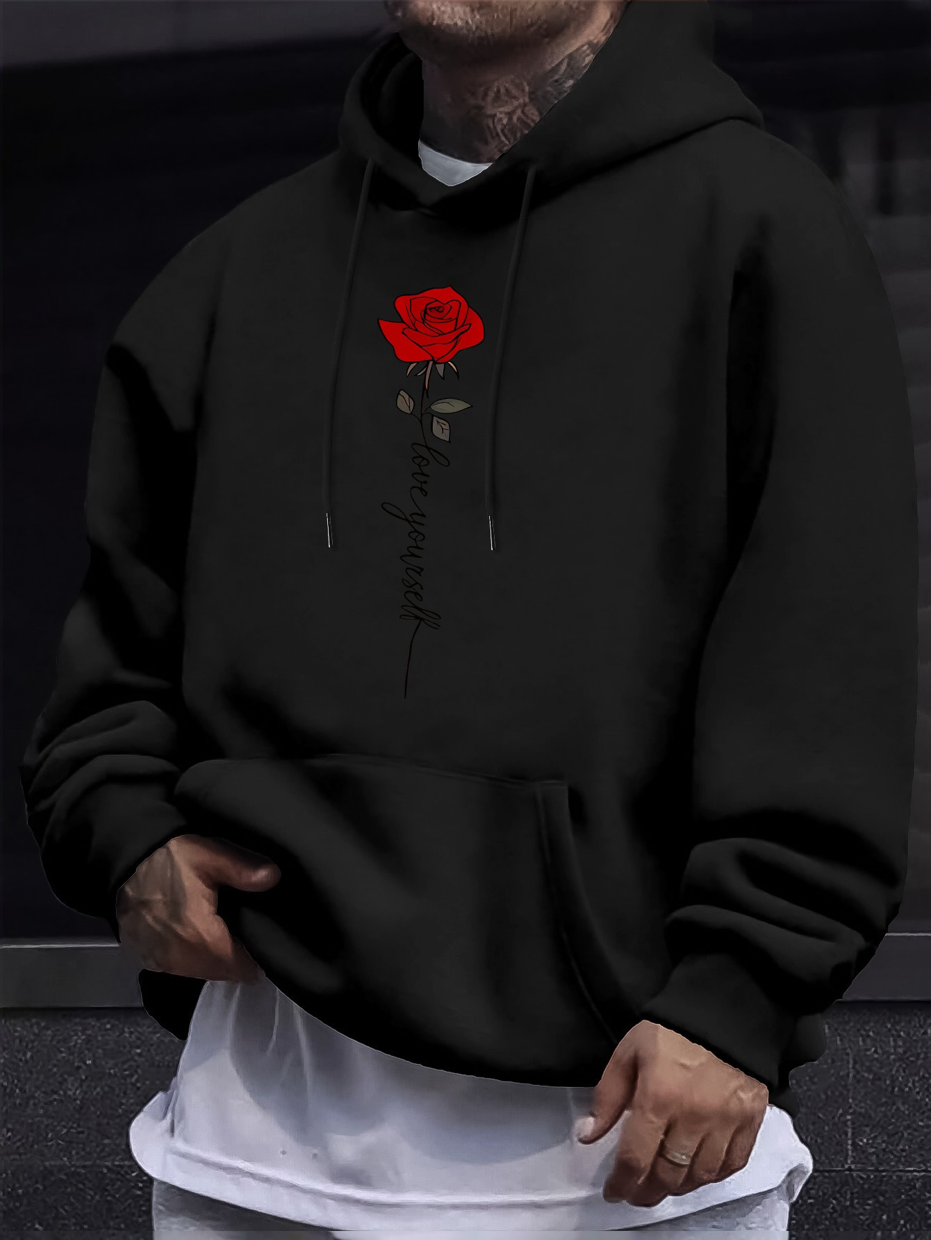 Rose And LOVE YOURSELF Print Men's Trendy Versatile Hoodie, Comfortable Long Sleeved Top, Perfect For Autumn And Winter Daily Commute & Outdoor T