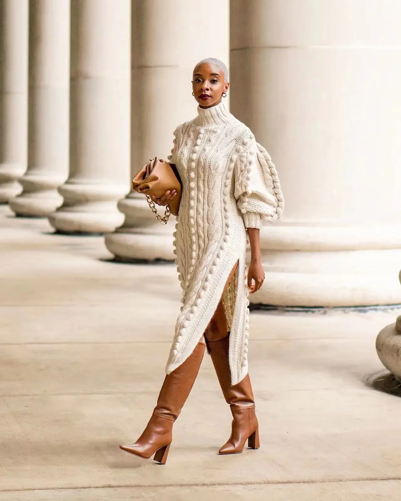 2024 Autumn Women Long Sleeve Turtleneck Knitted Dress Sexy High Split Sweater Dress Casual Warm Winter Thicken Dress Female 240913