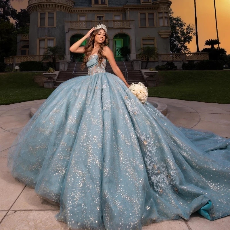 Water Blue Shiny Tassel Ball Gown Quinceanera Dresses Off The Shoulder Sequined Lace Beads Crystal Tull Vestidos De 15 Anos Sweet 16 Dress