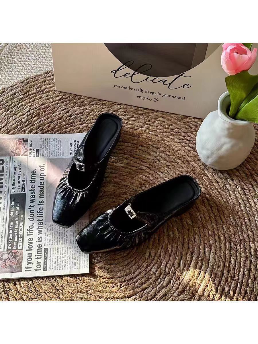 Women's Shoes Elegant Women's Ankle Strap Leather Slides with Diamond Embellishments and Wrinkle Pattern Cowhide