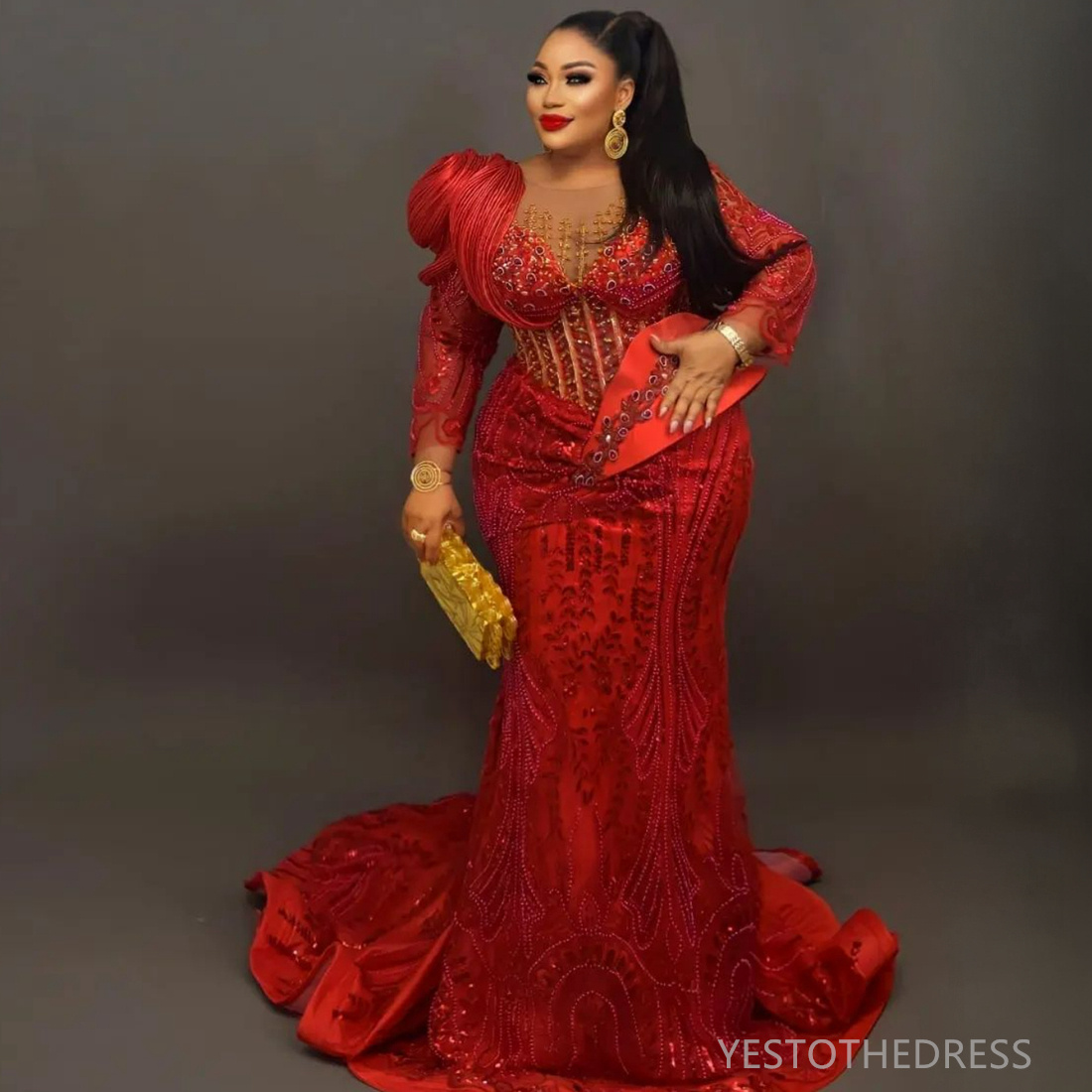 2024 Plus Size Red Prom Dress Evening Dresses Formal Gowns For Women Sheer Neck Long Sleeves Beaded Lace Rhinestones Birthday Dress Second Reception G