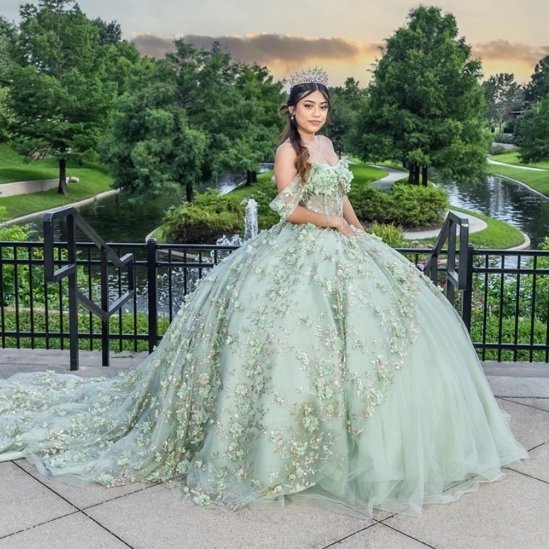 Mint Green Puffy Princess Quinceanera Dresses Off Shoulder 3D Flower Sequins Applique Lace Beads Tull Lace-up Corset Vestidos 15 De Anos