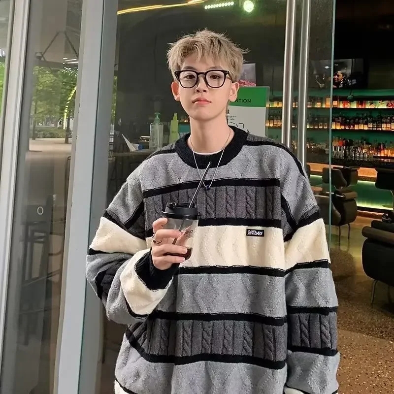 Autumn Striped Sweater Winter Mens Fashion Loose Knitted Top Collar Style 240924