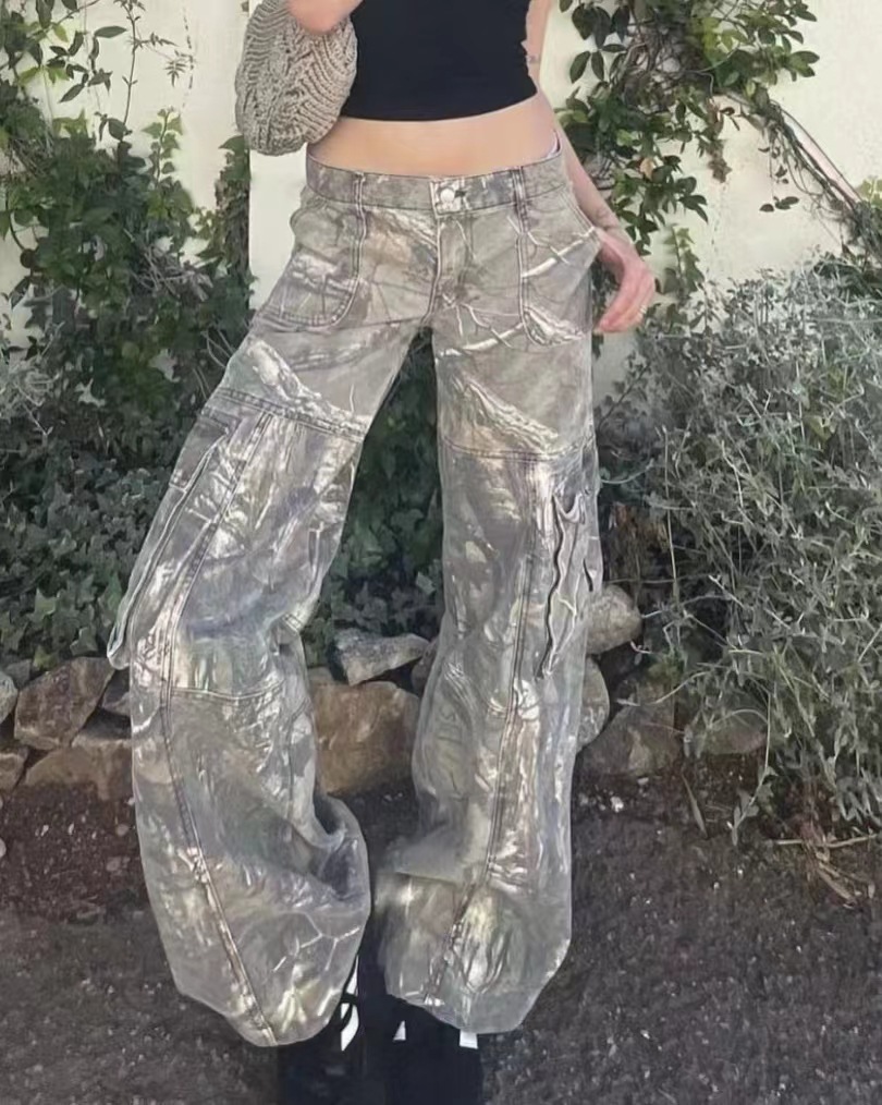 Womens Jeans Low Waisted Hip Hop Baggy Camouflage Cargo Pocket Pants Sweat Wide Legs Women Casual Camo Y2K Trousers Streetwear Autumn
