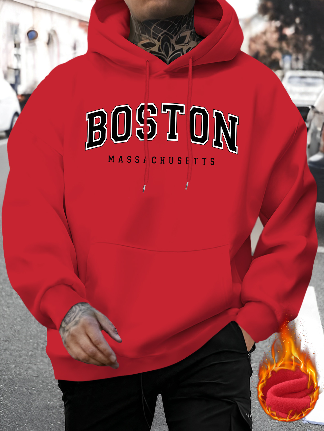 Boston Massachusetts Geometric Print Hoodie - Fall/Winter Casual Knit Polyester Hooded Sweatshirt with Regular Fit and Slight Stretch