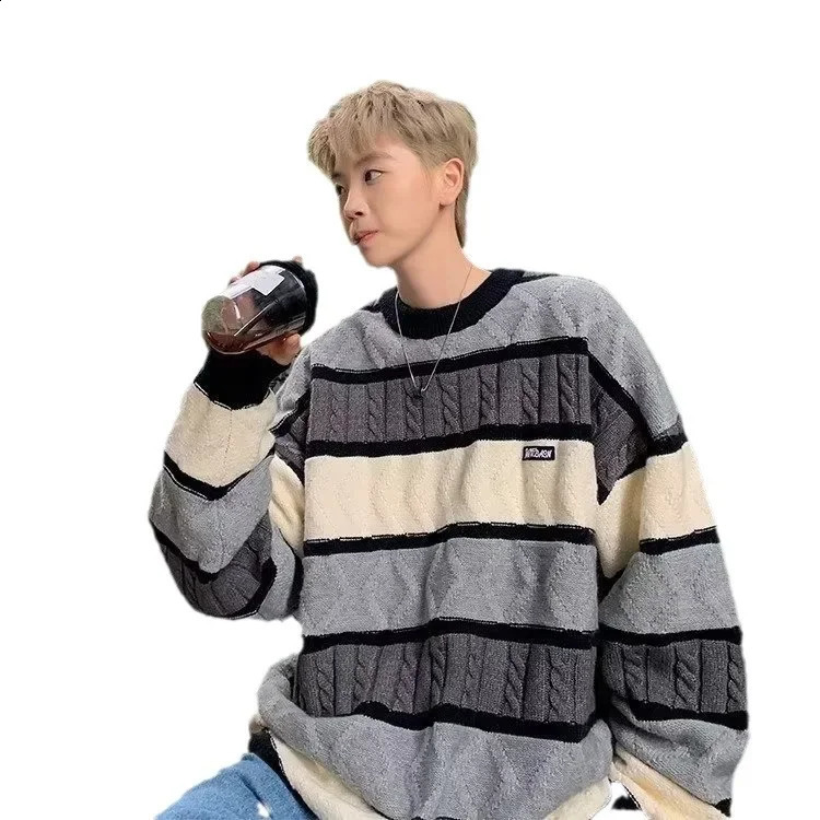 Autumn Striped Sweater Winter Mens Fashion Loose Knitted Top Collar Style 240924