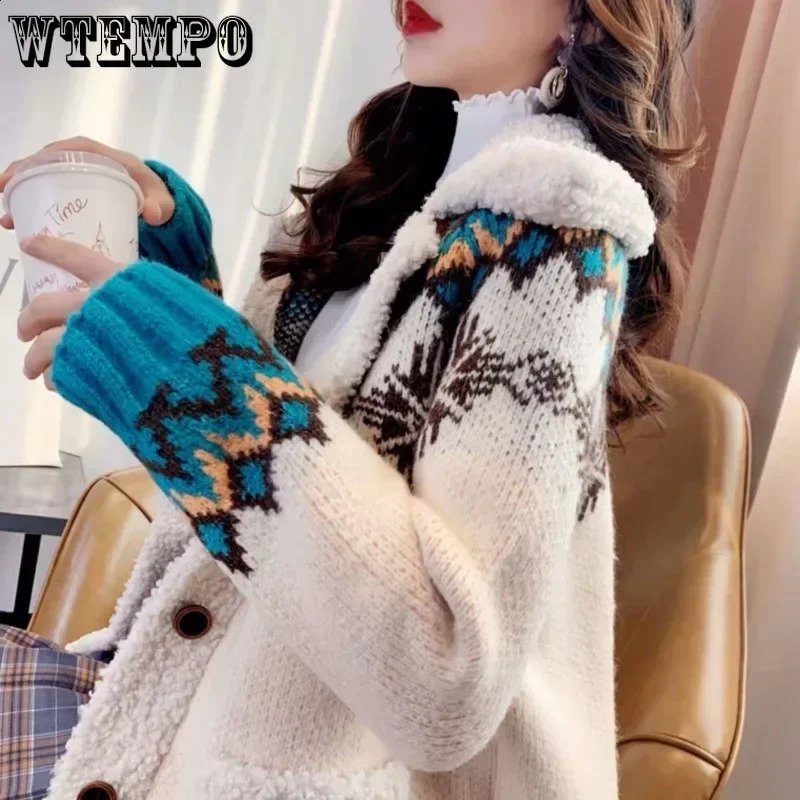 WTEMPO Womens Christmas Sweater Fur Notched Collar Warm Winter Autumn Coat Loose Button Under Knitted Womens Knitted Cardigan 240923