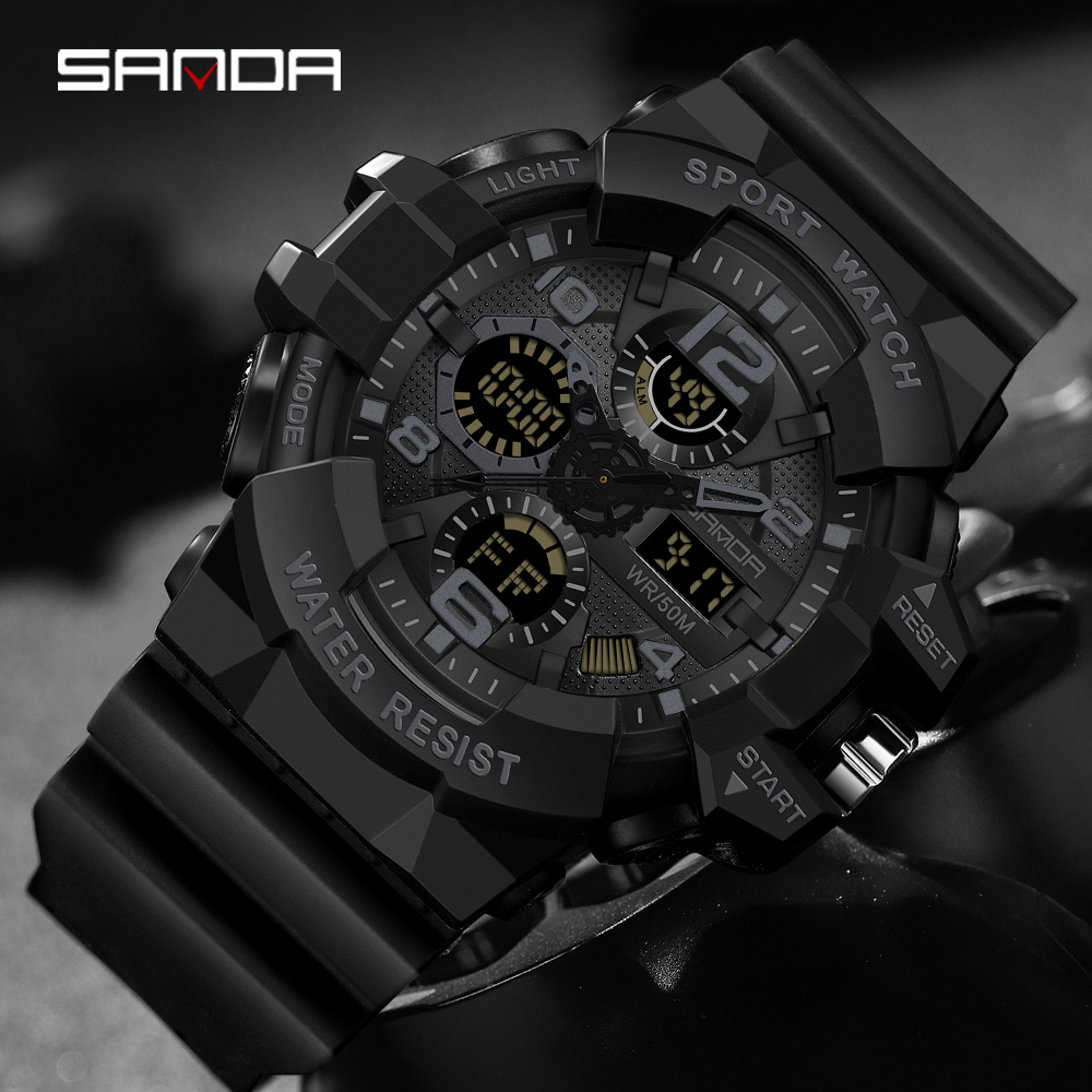 SANDA men's military watch black sports watch LED digital 50M waterproof 3168 watch men's multifunctional clock Relogio Masculino 01