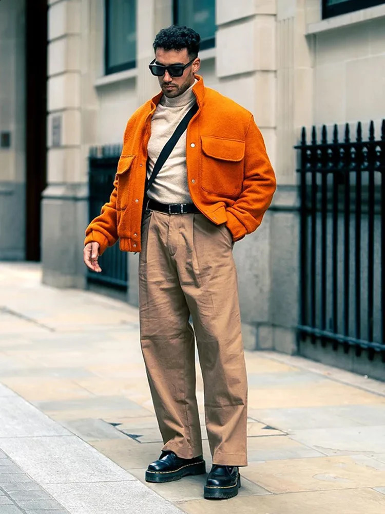 Trendy Pocket Single Breasted Men Jacket Autumn Turn Down Collar Long Sleeve Casual Warm Coat Mens Chic Solid Outwear 240912