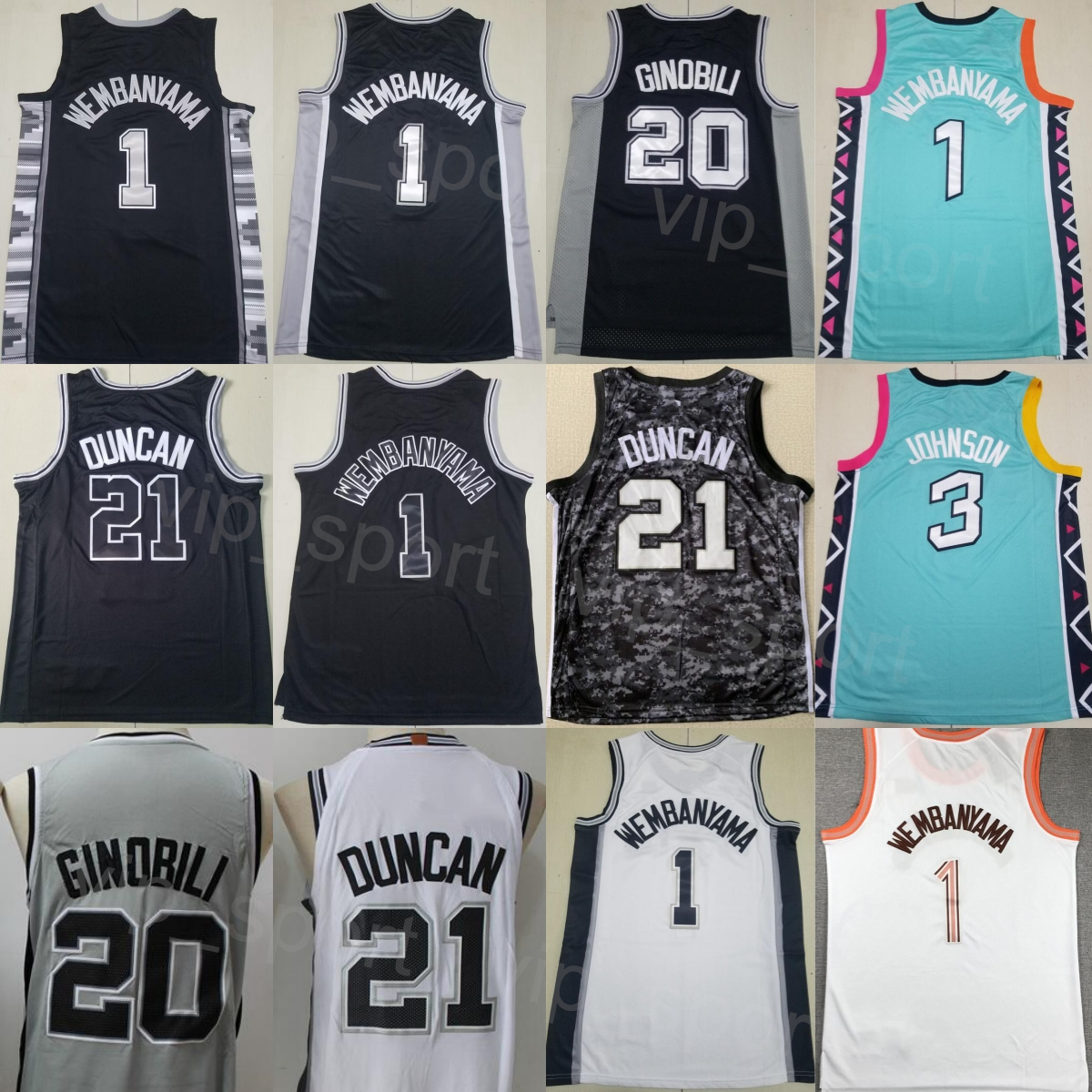 Men's Basketball Tim Duncan Jersey 21 Shirt Victor Wembanyama 1 Keldon Johnson 3 Manu Ginobili 20 Black White Green Grey Team Color Earned Classic Icon For Sport Fans