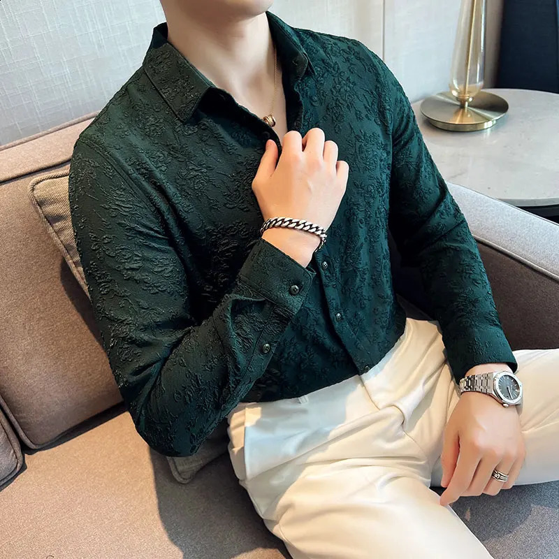 Vintage Jacquard Shirt Spring Long Sleeve Slim Fit Casual Tuxedo Fashion Man Wedding social Shirts Plus Size 4XL-M 240924