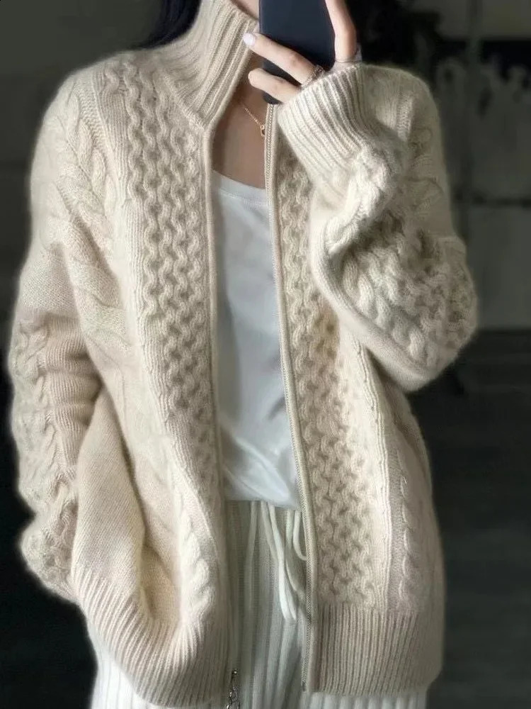 Autumn and winter thick collar knitted cardigan womens loose wool sweater cardigan plus size womens jacket top 240924