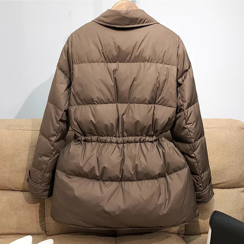 Lagabogy Winter Women White Duck Down Coat Female Notched Collar Double Breasted Coats Casual Lady Drawstring Puffer Outwear 251022