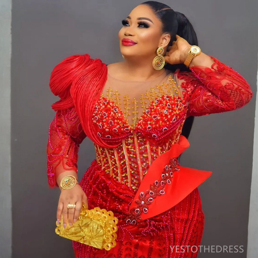 2024 Plus Size Red Prom Dress Evening Dresses Formal Gowns For Women Sheer Neck Long Sleeves Beaded Lace Rhinestones Birthday Dress Second Reception G
