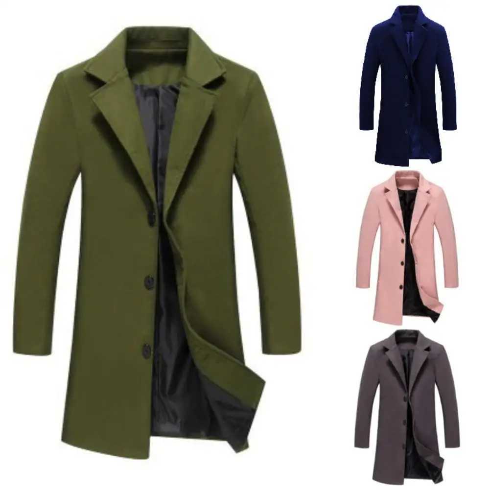 Fashion Men Jacket Winter Solid Color Long Woolen Coat Single Breasted Jacket Overcoat Mens long stand-up collar coat LX241010