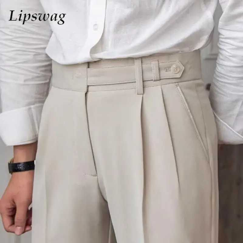 Old Money Aesthetic Mens Suit Trousers Stylish Belt Buttoned High-waisted Pants Men Fall Vintage Solid Color Slim Straight Pants Z240924