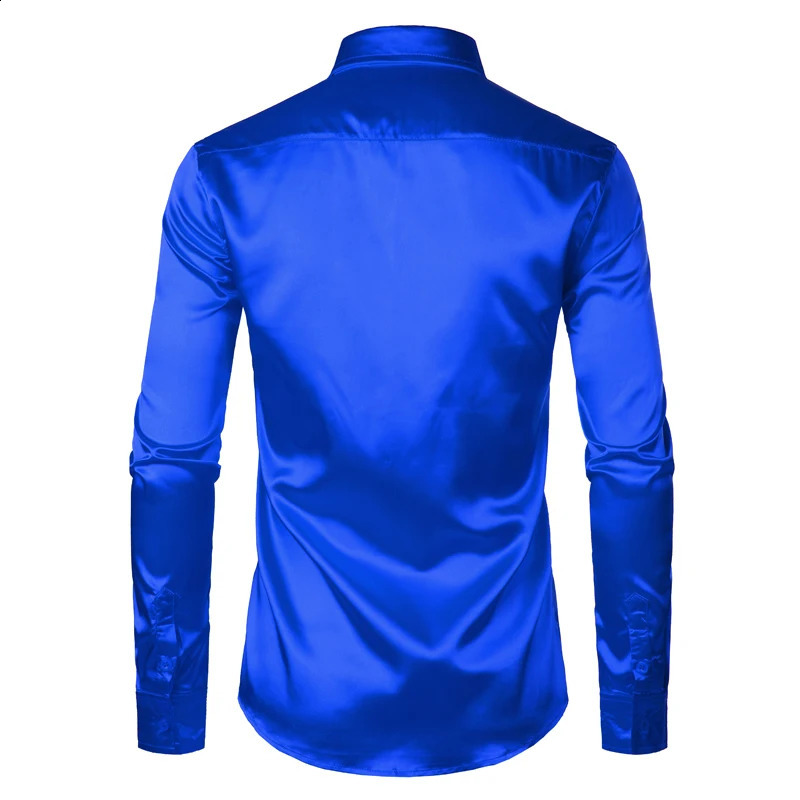 Royal Blue Silk Satin Shirt Men Slim Fit Mens Dress Shirts Wedding Party Casual Male Casual Shirt Chemise 240924