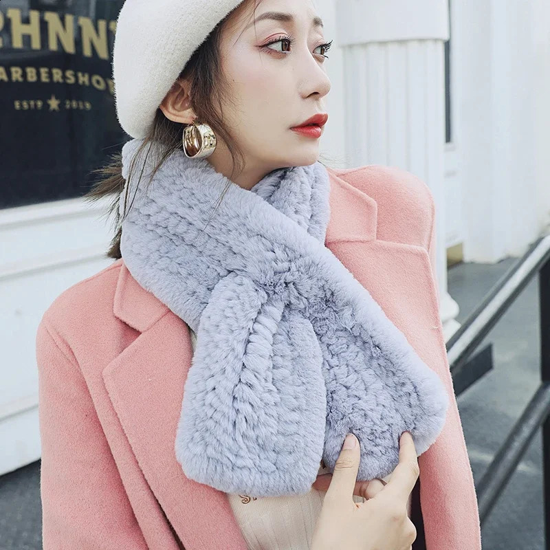 Rex Rabbit Fur Knitted Scarf Foulard Fashion Solid Shawls Rectangle Scarves for Women Winter Warm Real Fur Shawls 240914